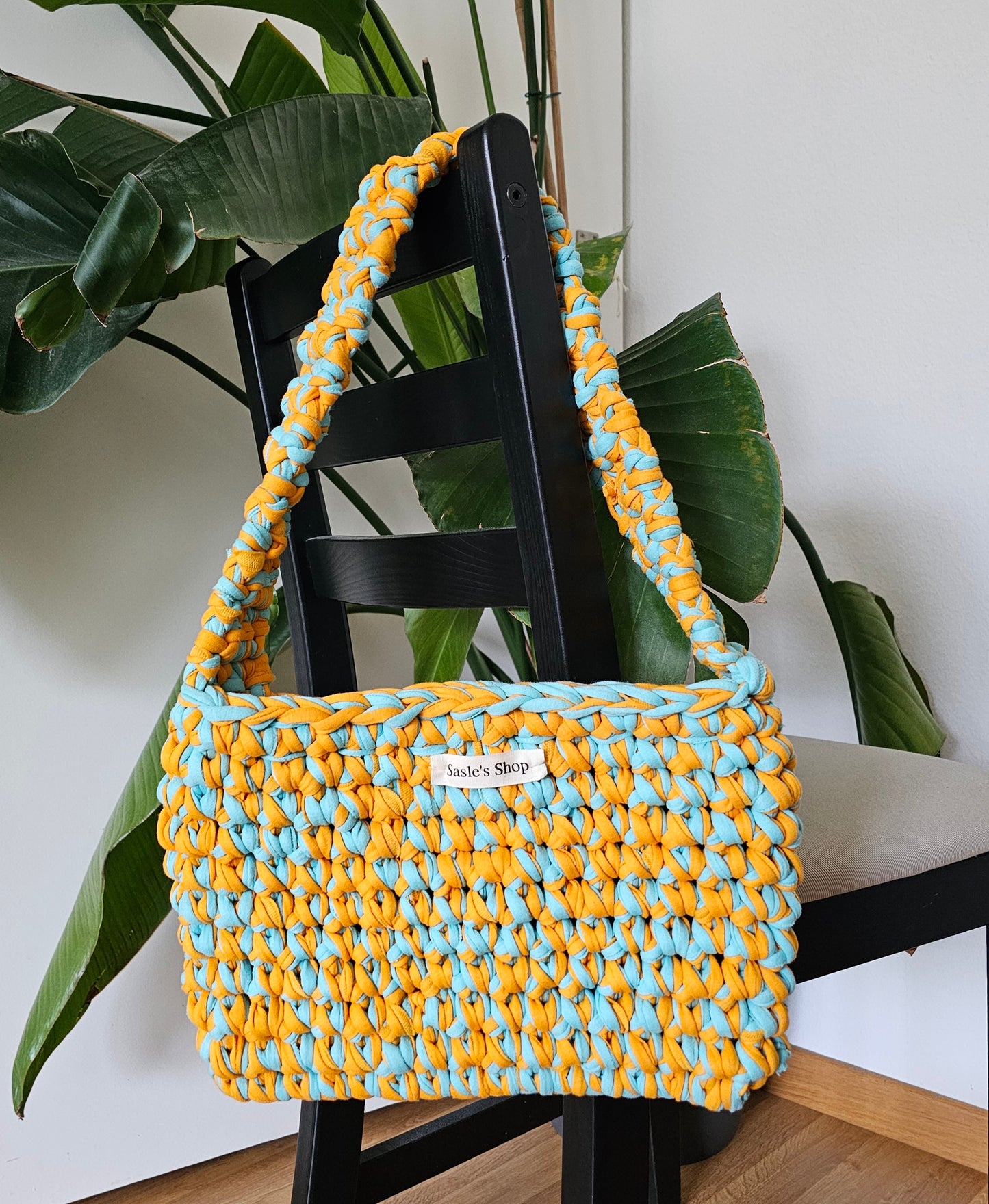 Blue Orange Crochet Bag front view